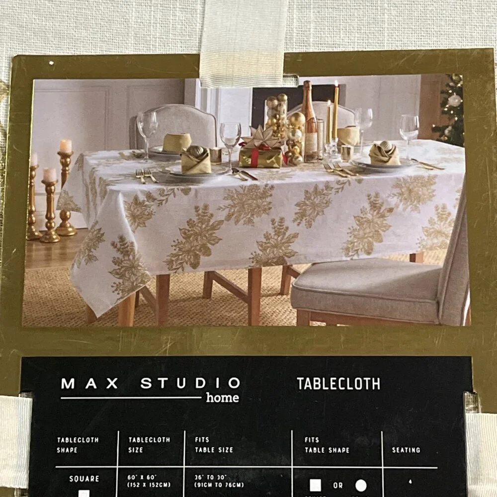 Max Studio Tablecloth Ivory Metallic Gold Holly Berry Leaves Oblong 60x8 Holiday